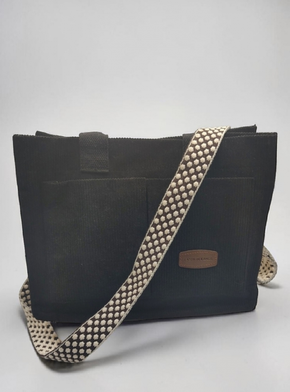 New Black Corduroy Crossbody Tote with Patterned Strap